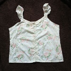 Laura Ashley Camisole Top L Cream Pink Lace Ruffle CottagecorFeminine ShabbyChic